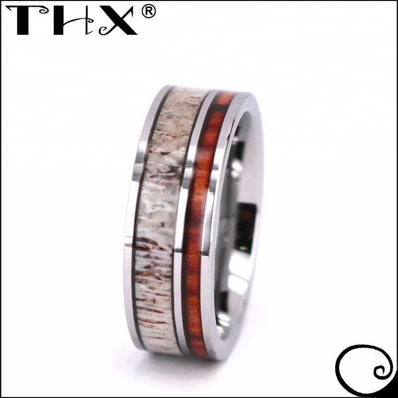 White Tungsten Ring Flat Comfort Fit Real Deer Antler and Hawaii Koa Wood Inlay Forever Love Meaningful Anniversary Men Ring