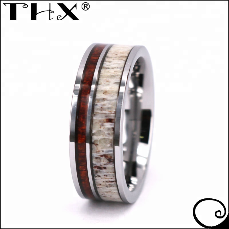 White Tungsten Ring Flat Comfort Fit Real Deer Antler and Hawaii Koa Wood Inlay Forever Love Meaningful Anniversary Men Ring