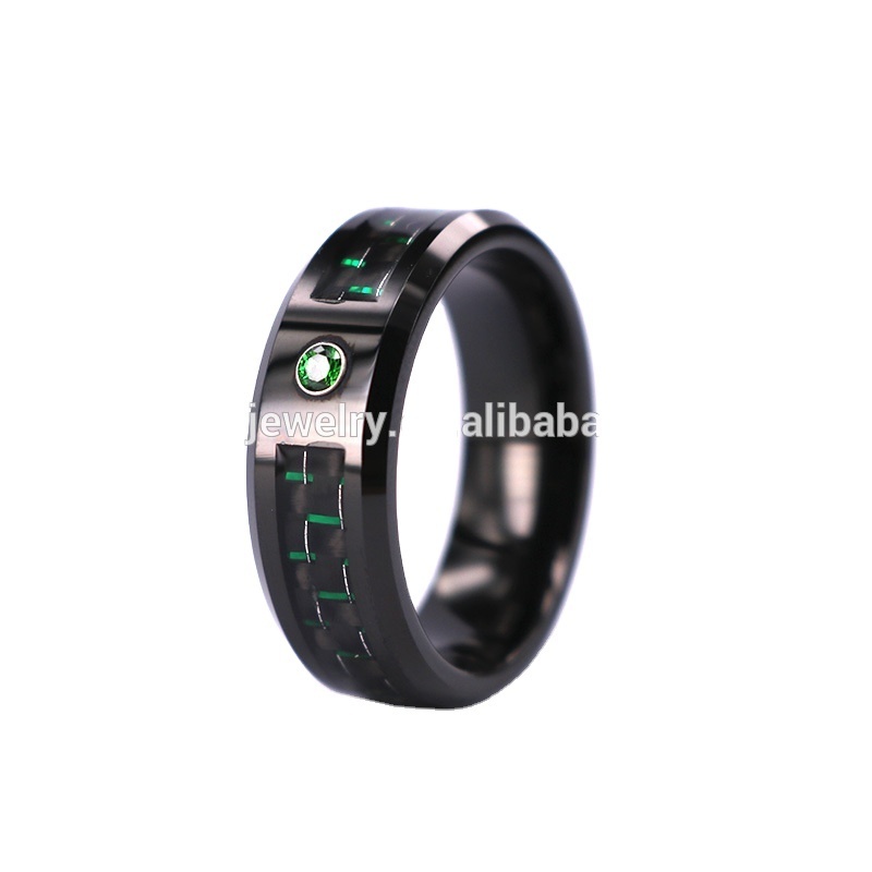 8mm Black Tungsten Carbide Ring with Diamond Green Carbon Fiber