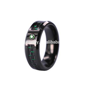 8mm Black Tungsten Carbide Ring with Diamond Green Carbon Fiber