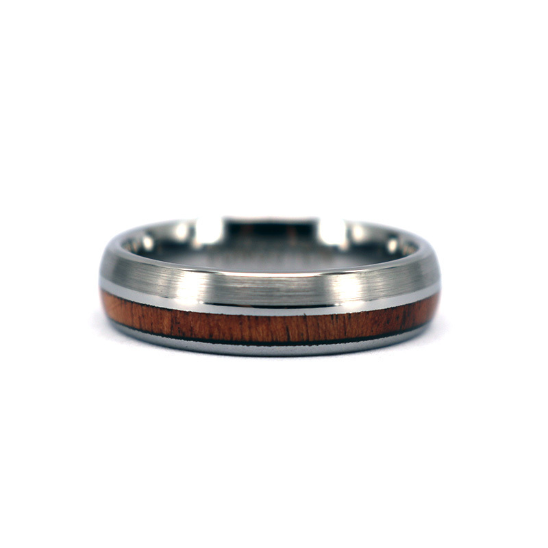 Thin Width Domed Offset Wood inlay Tungsten Ring with Polished Line,6MM Wood inlay Men Women Wedding Band