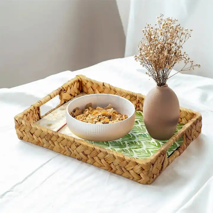 Ramadan Eid decoration retangular water hyacinth tray with mother of pearl inlaid for breakfast food