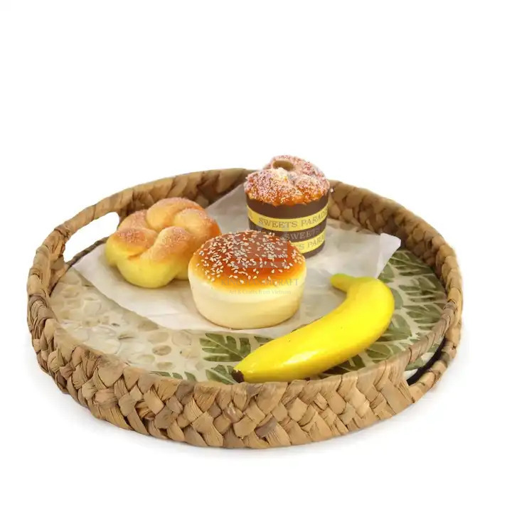 New latest design natural round water hyacinth with mother of pearl inlay serving tray with handles for breakfast food