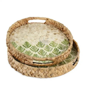 New latest design natural round water hyacinth with mother of pearl inlay serving tray with handles for breakfast food