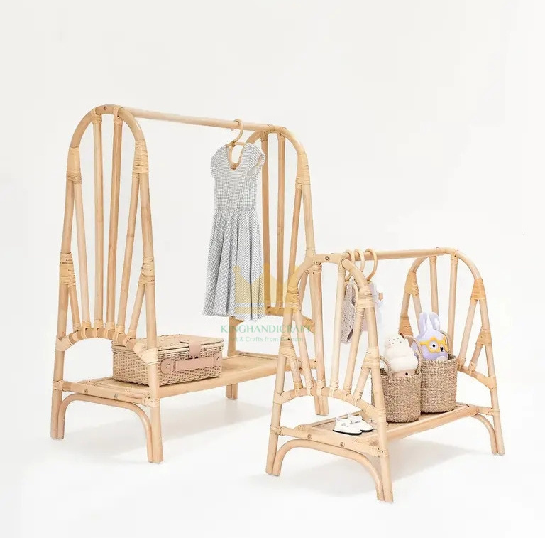 Mini rattan standing type kid clothing rack furniture stand clothes hanging rack hot sale 2023