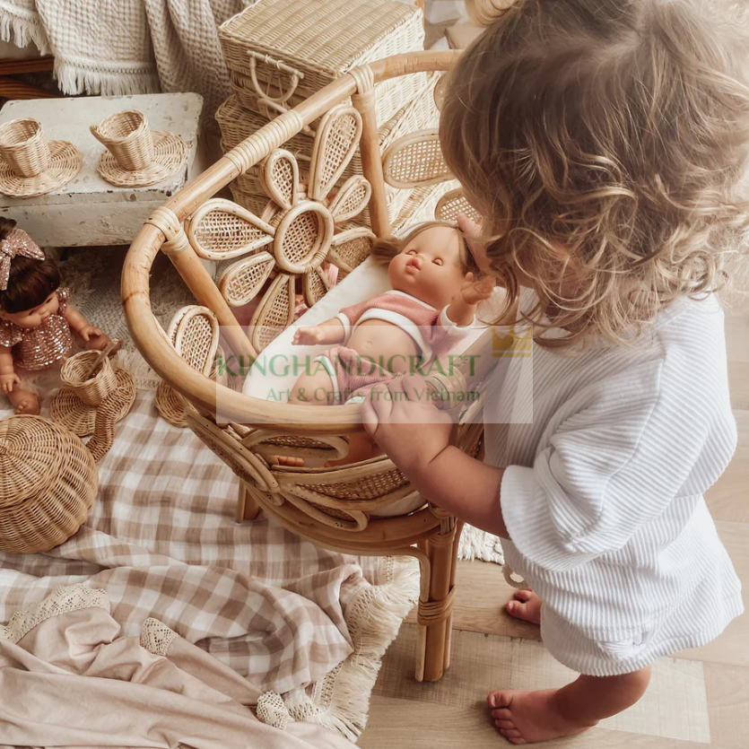 Charming daisy flower rattan crib for doll kids playing handcrafted wicker bassinet doll furniture and accessories