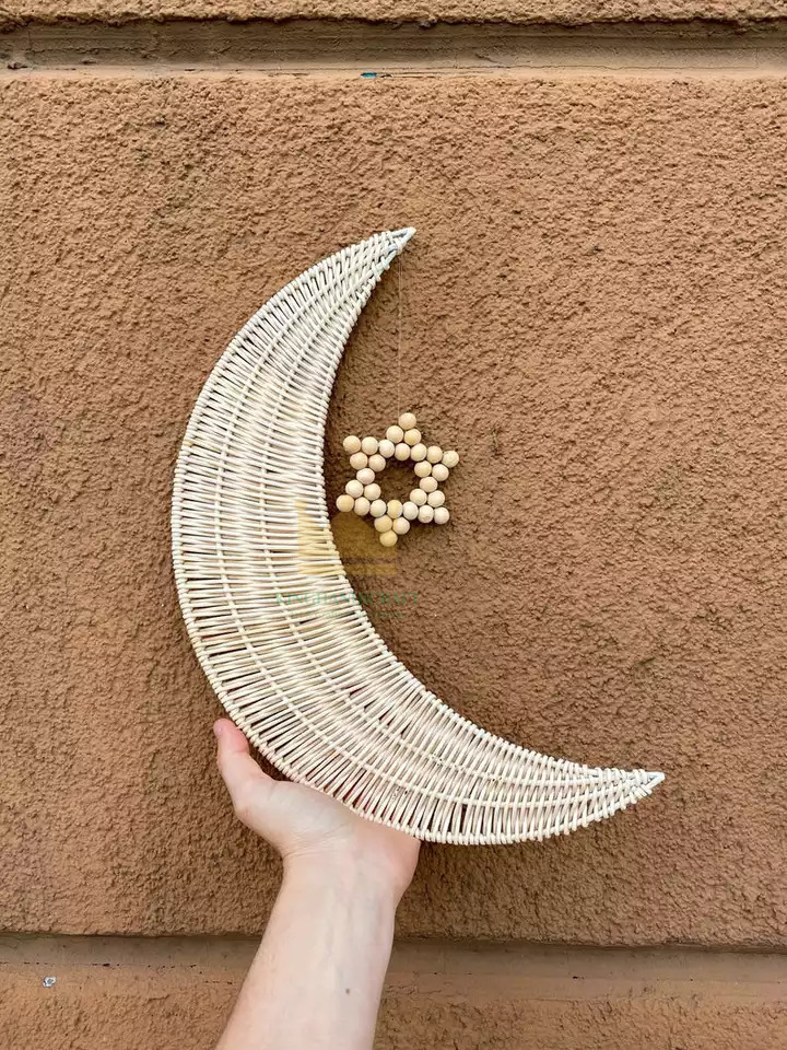 Eco friendly handmade natural rattan crescent lunar moon baby nursery room wall decoration