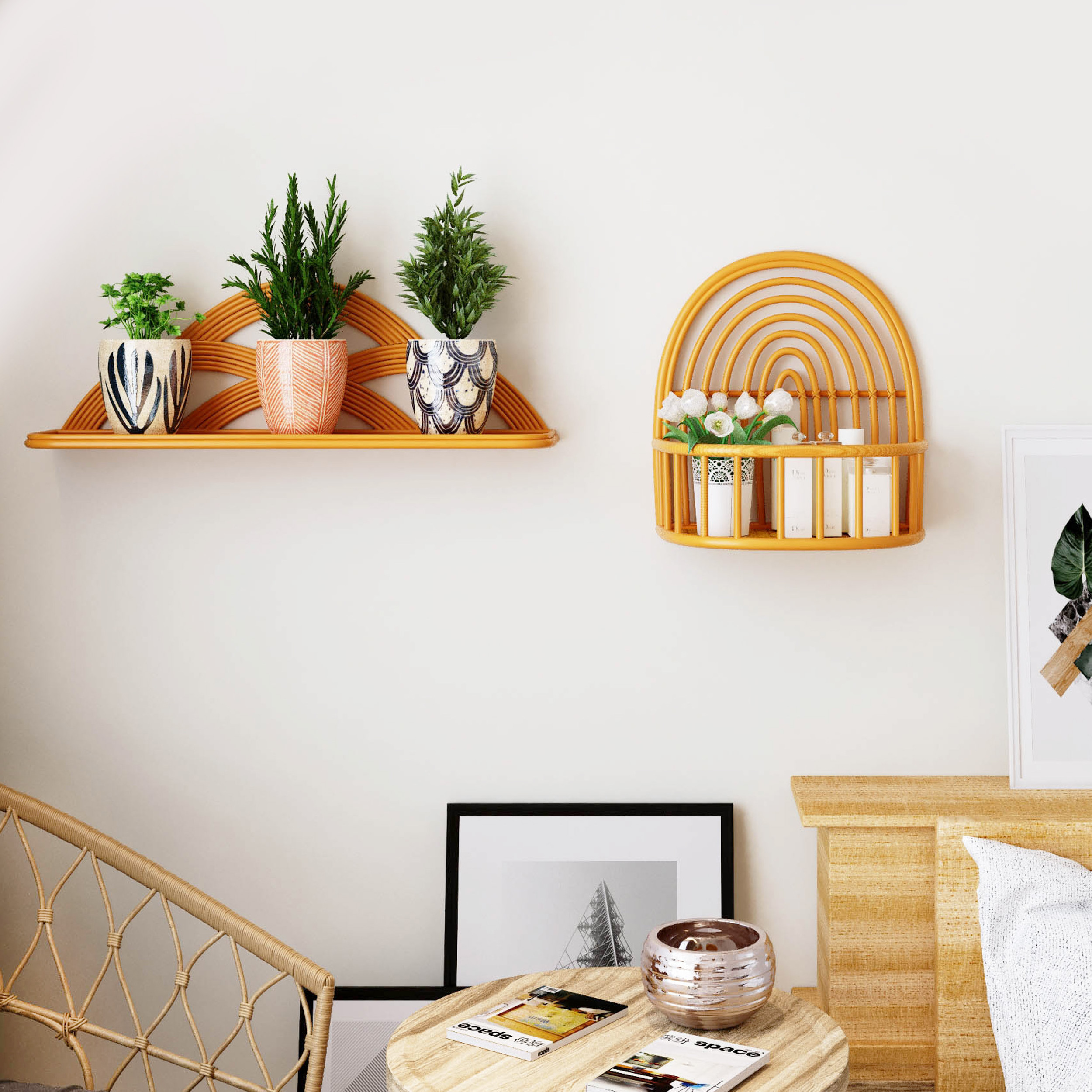 Rattan wall she Shelf with Large Storage for Bedroom Bathroom Living Room Kitchen Office Hallways, Wall-mounted Floating Shelves