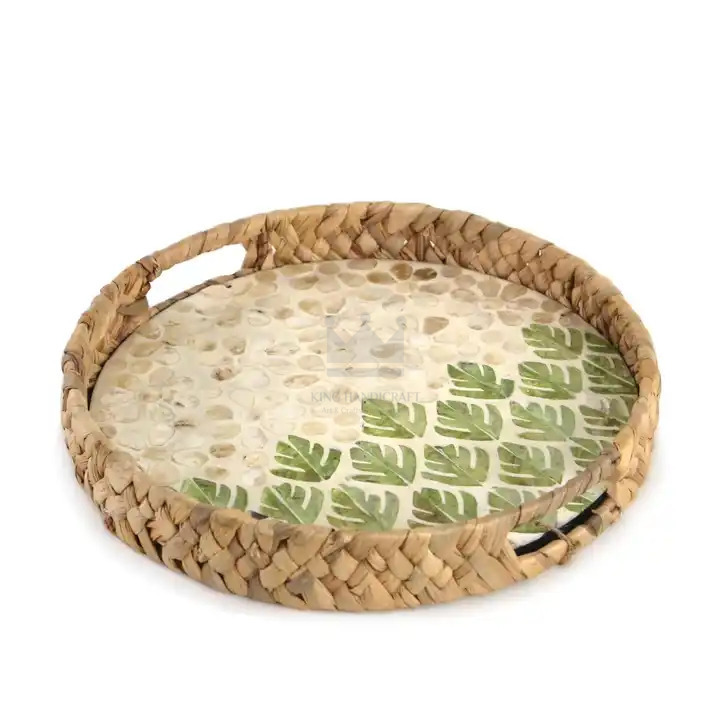 New latest design natural round water hyacinth with mother of pearl inlay serving tray with handles for breakfast food