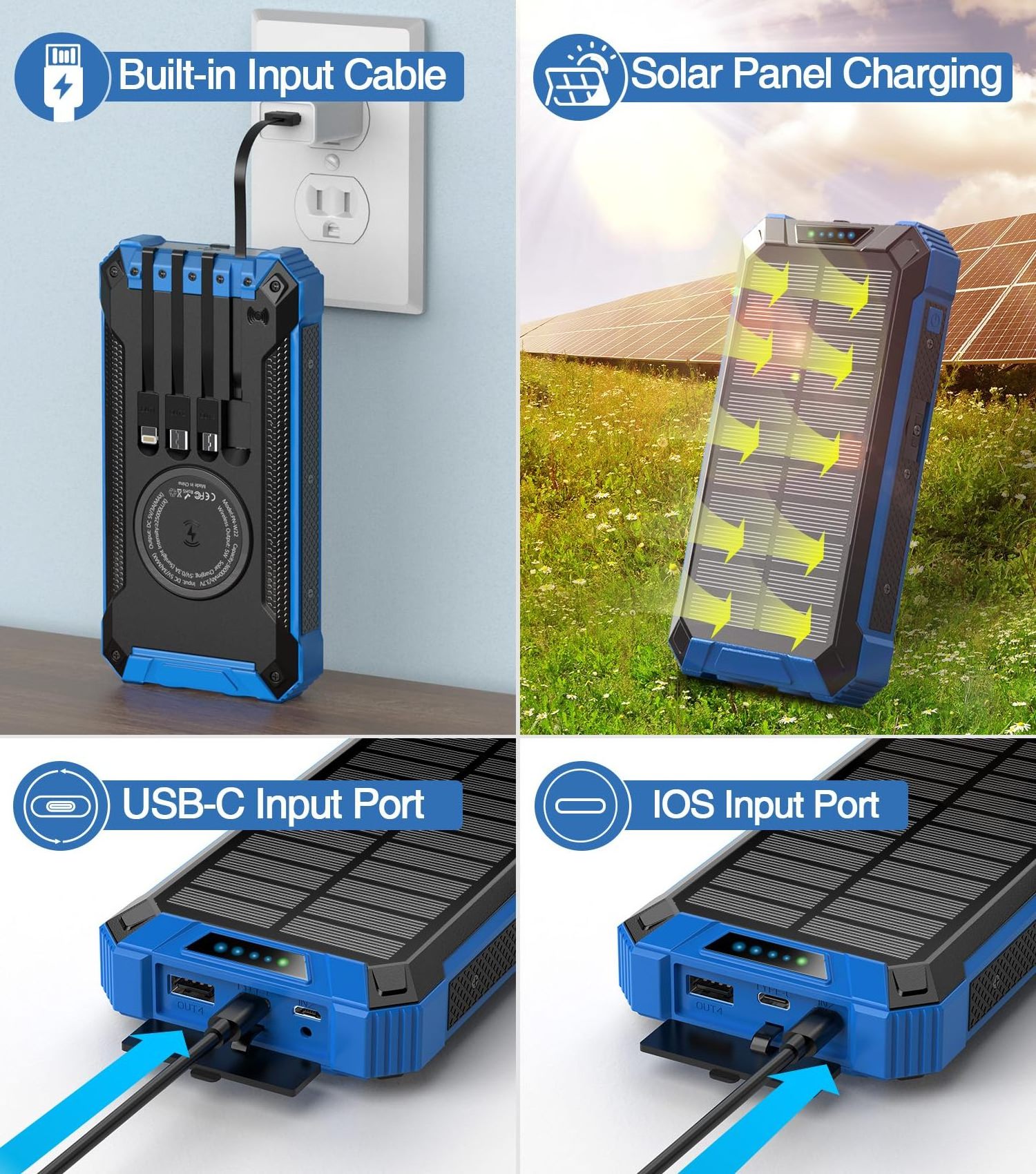 Solar Power Bank 30000mAh Portable Solar Phone Charger with LED Flashlight Fast Charge Backup Battery Pack for All Cell Phones