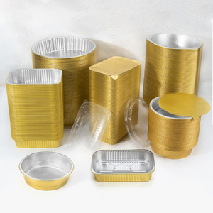 C1000 1000ml Full Size Thickened Rectangular Airline Food Tray Aluminium Foil Containers with Lid Gold Tin Disposable