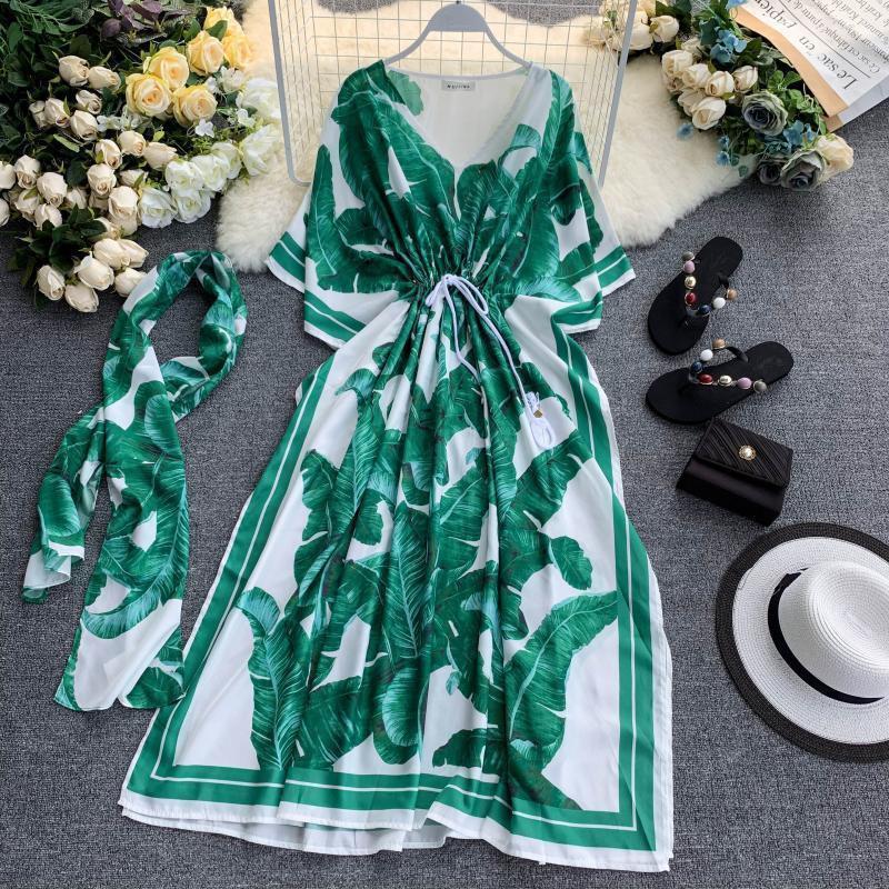 2021 New Women'S Skinny Thailand Travel Plant Print Dress Bali Sanya Seaside Vacation Beach Dress