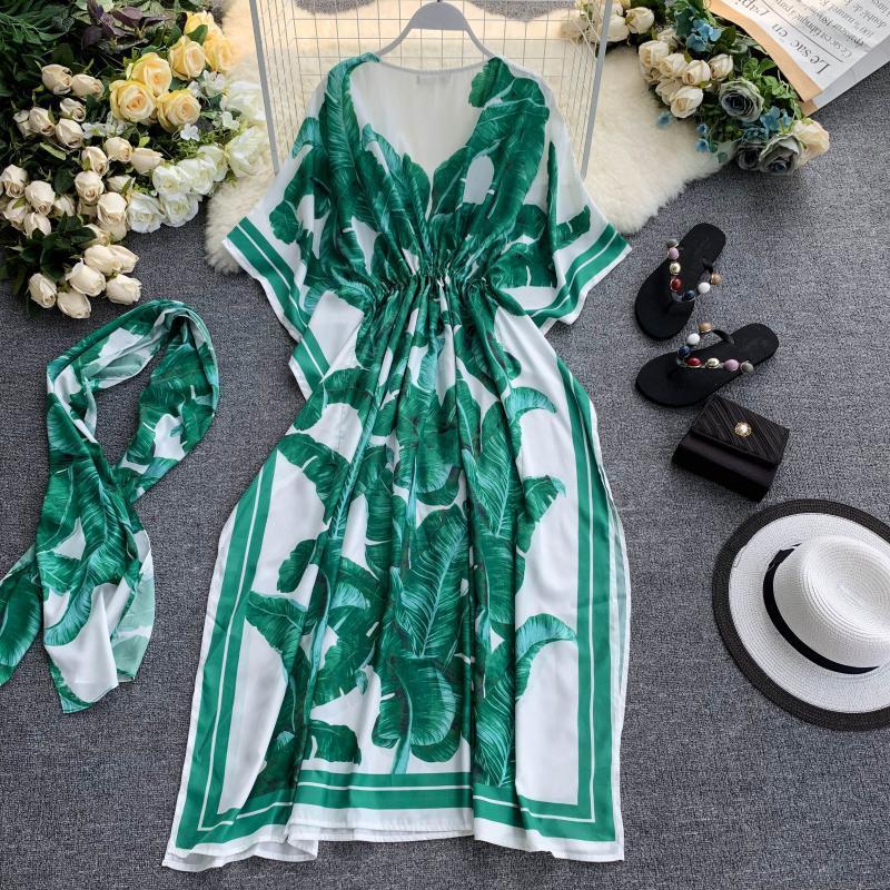 2021 New Women'S Skinny Thailand Travel Plant Print Dress Bali Sanya Seaside Vacation Beach Dress