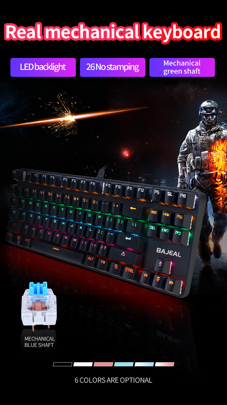 Bajeal K100 Mini 87 Keys Reasonable USB Blue Switch Wired LED Nine Lights Effect Mechanical Keyboard Gaming