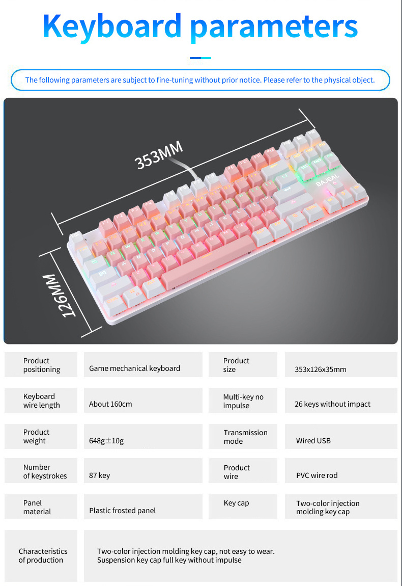 Bajeal K100 Mini 87 Keys Reasonable USB Blue Switch Wired LED Nine Lights Effect Mechanical Keyboard Gaming