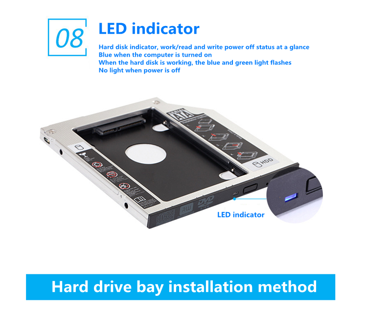 9.5 12.7mm Aluminum 2nd HDD Caddy Universal SATA 3.0 2.5inch SSD Case Optical Enclosure Adapter For Laptop