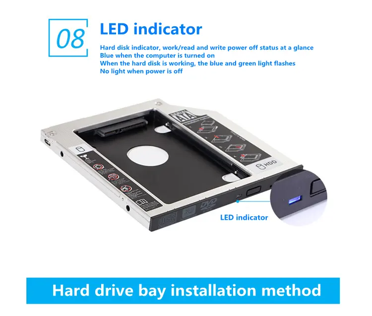 Aluminum 2nd HDD Caddy 9.0/9.5/12.7mm Universal SATA 3.0 2.5inch SSD Case Optical Enclosure Adapter For Laptop