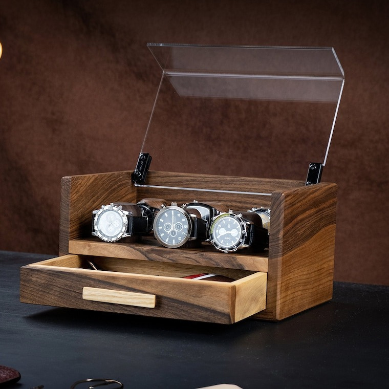 Custom Wholesale Double Layers Watches Jewelry Glass Display Organizer Wooden Watch Storage Box With Drawer