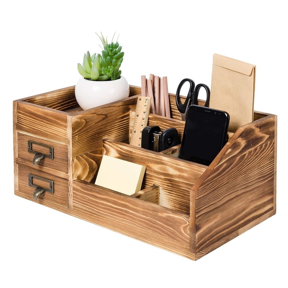 Brown Table Top Pencils Storage Box With 2 Drawers And 7 Compartment for Home Office Supplies Wooden Desktop Organizer