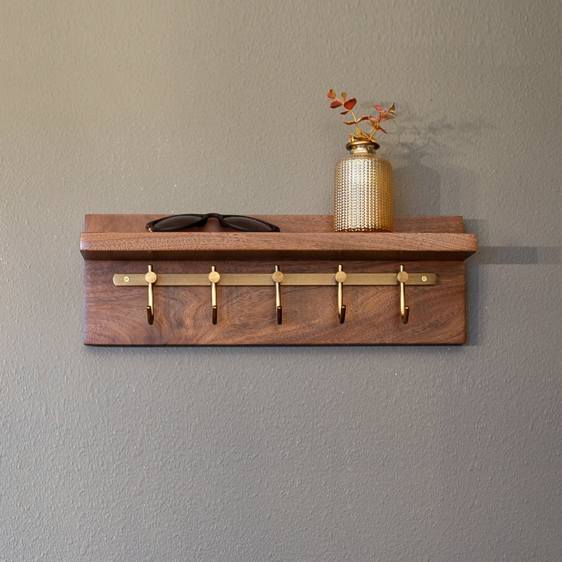 Custom Brown Color Wall Mounted Rustic Wood Entryway Storage Shelf with 5 Metal Hooks Key Holder