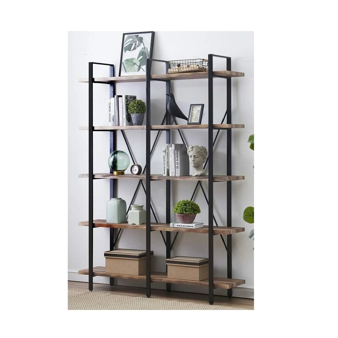 Solid Wooden Bookshelf Library Display Book Shelf Metal Antique Home Furniture Multi-Func Room 5-Tier Bookcase