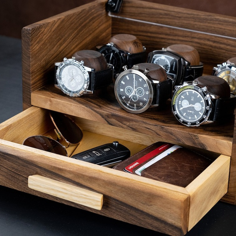 Custom Wholesale Double Layers Watches Jewelry Glass Display Organizer Wooden Watch Storage Box With Drawer