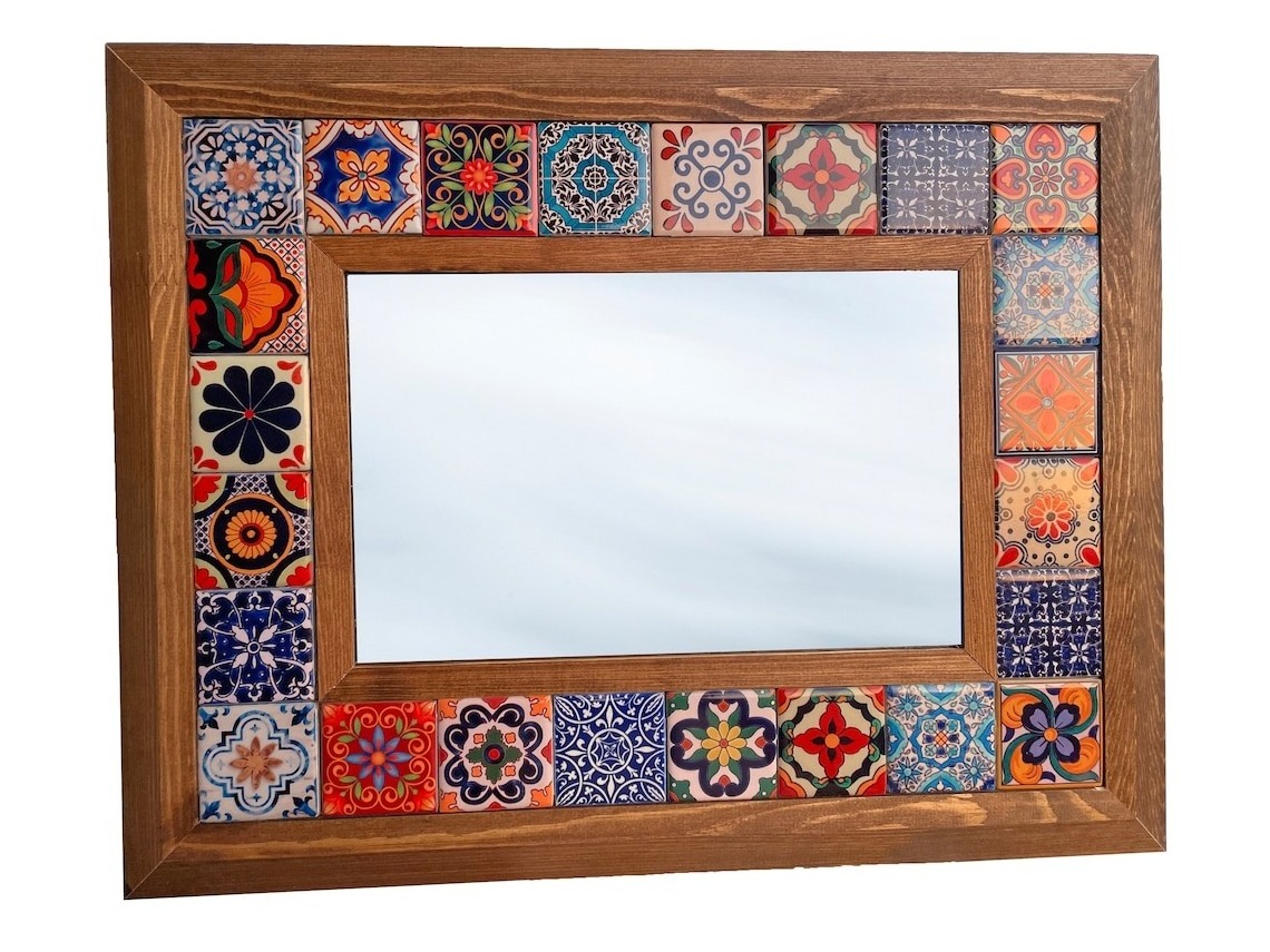 Natural Wall decorative Hanging  Mirror  Rectangle Mosaic Ceramic Tile inlay Wooden Frame Mirror for Wall Home art Decor