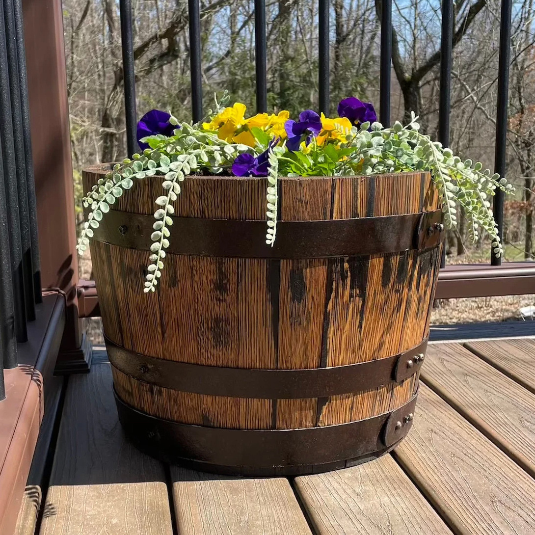 Custom Outdoor Garden Deluxe Half-Barrel Planter Flower Pot | Wooden Whiskey Barrel Planters Flower Bucket with Leg Support