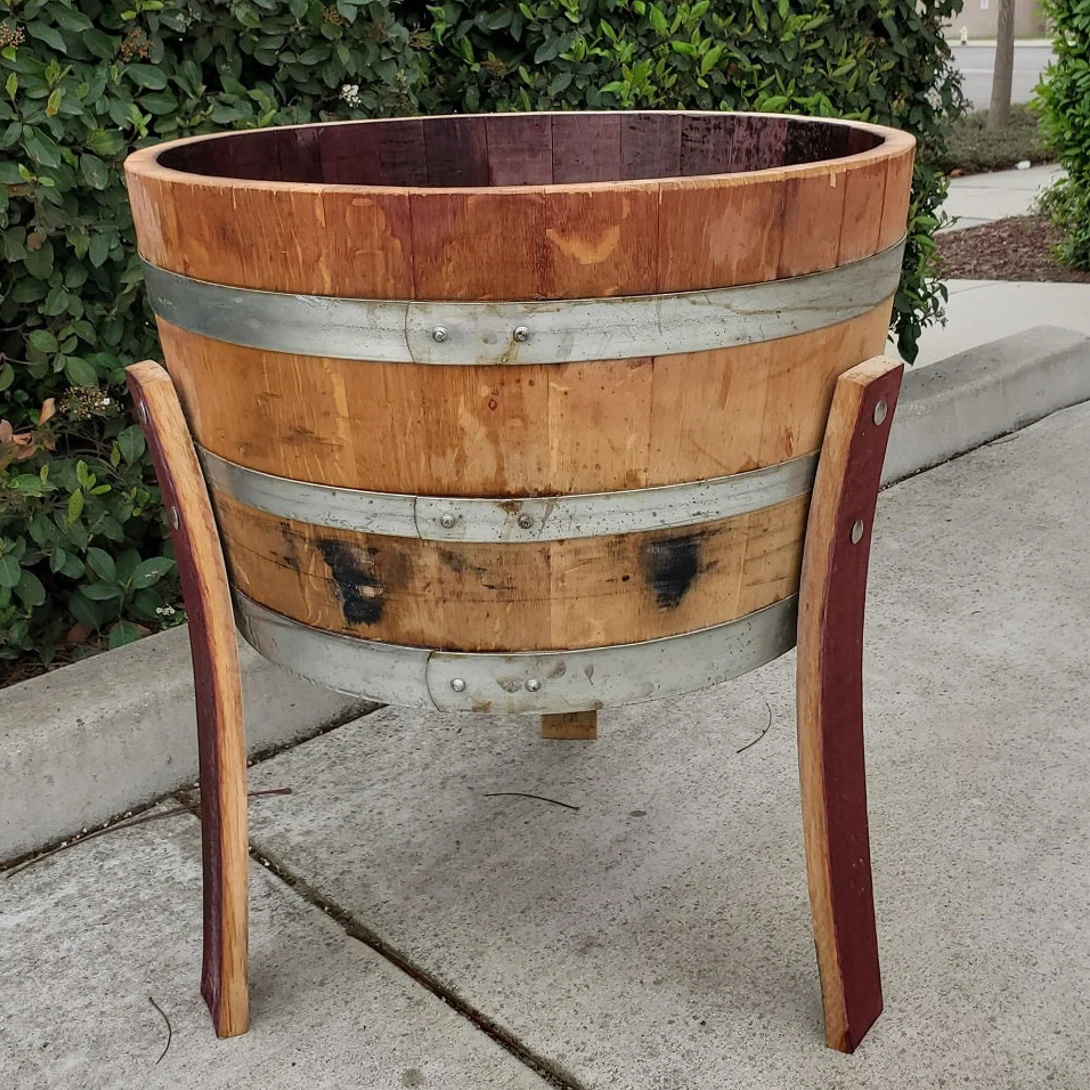 Handmade Half-Barrel Wine Barrels Planter With Legs | Outdoor Large Round Wood Flower Pot | 1/2 Wooden Barrel Garden Planters