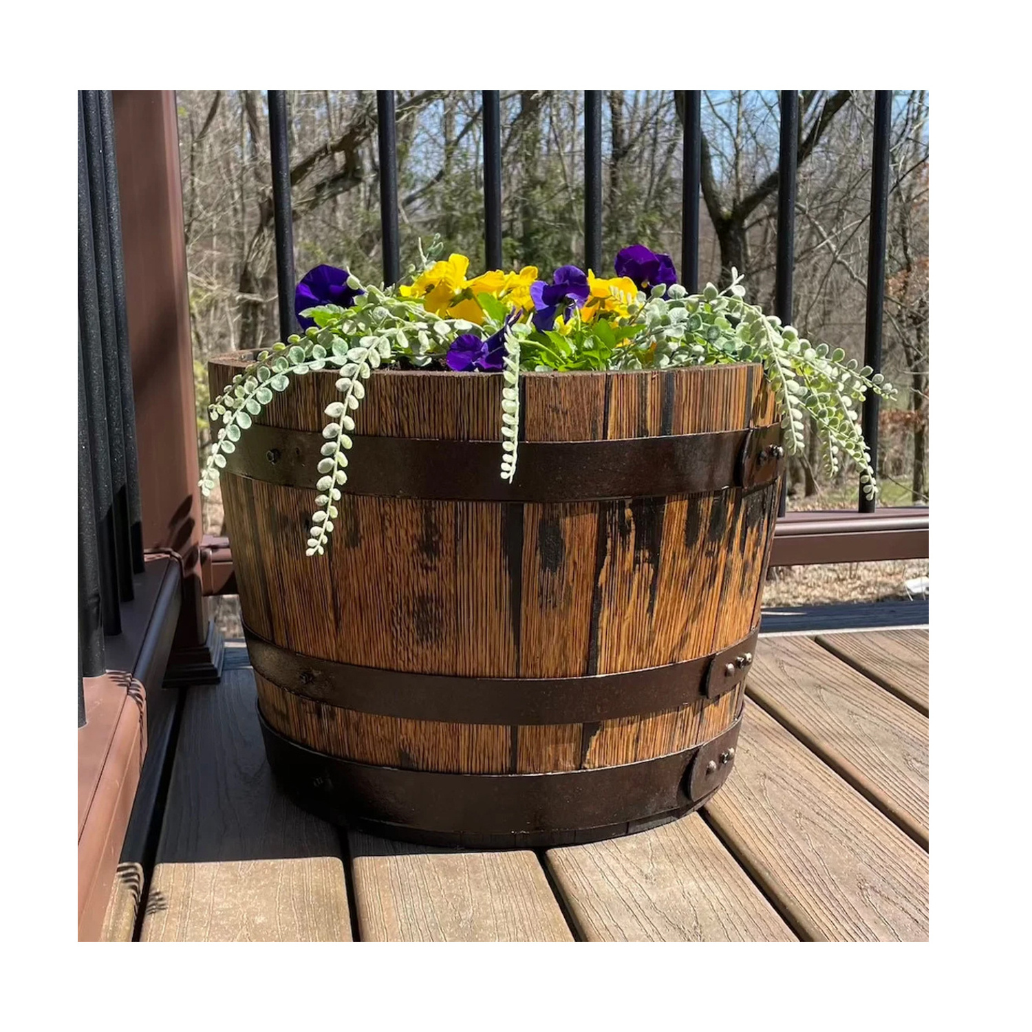 Custom Outdoor Garden Deluxe Half-Barrel Planter Flower Pot | Wooden Whiskey Barrel Planters Flower Bucket with Leg Support