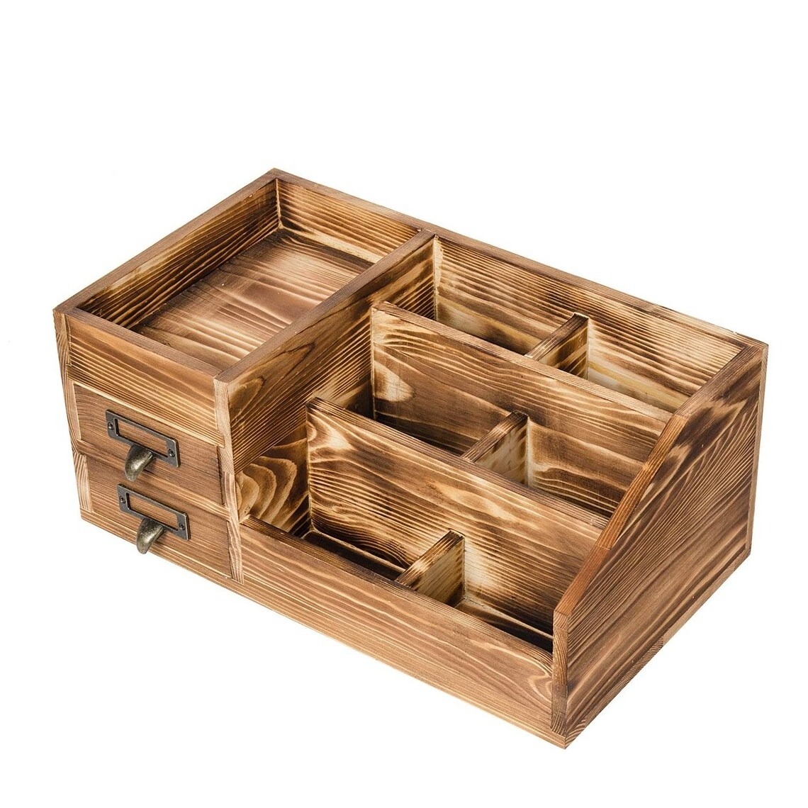 Brown Table Top Pencils Storage Box With 2 Drawers And 7 Compartment for Home Office Supplies Wooden Desktop Organizer