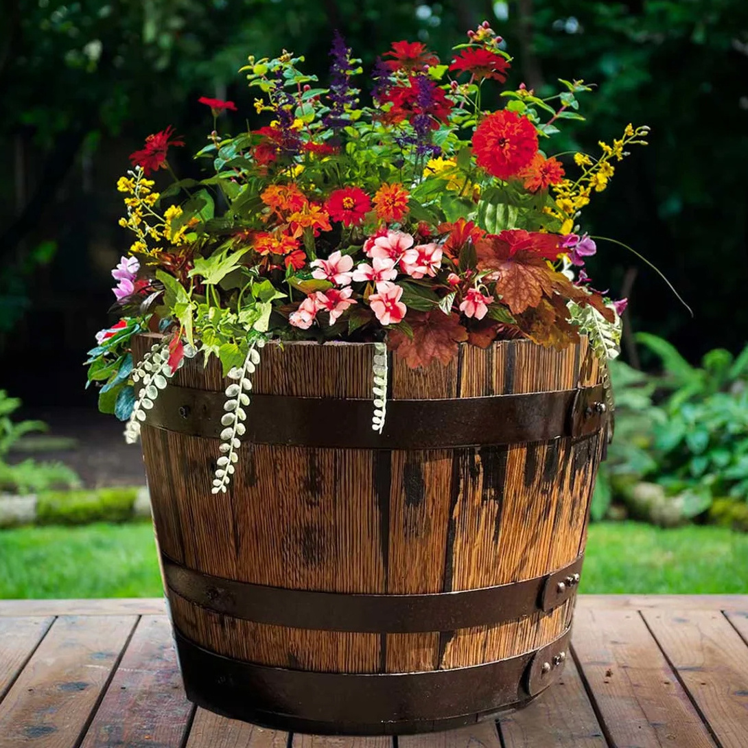 Custom Outdoor Garden Deluxe Half-Barrel Planter Flower Pot | Wooden Whiskey Barrel Planters Flower Bucket with Leg Support