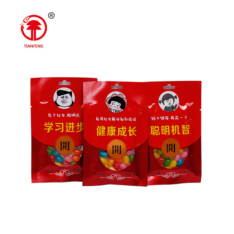 Halal custom red bag jelly bean assorted natural fruit own brand jelly bean with soft candy