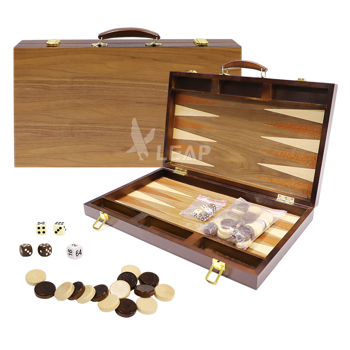 LEAP customization 43cm 17inch walnut basswood wooden Backgammon set 29*33*6.5cm wood backgammon board pieces