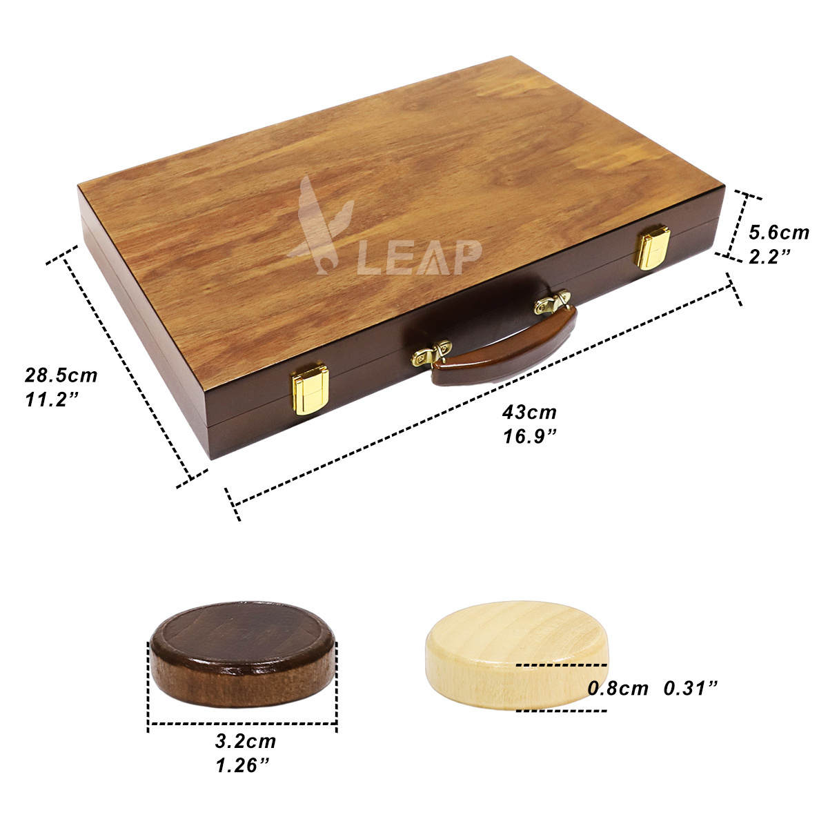 LEAP customization 43cm 17inch walnut basswood wooden Backgammon set 29*33*6.5cm wood backgammon board pieces