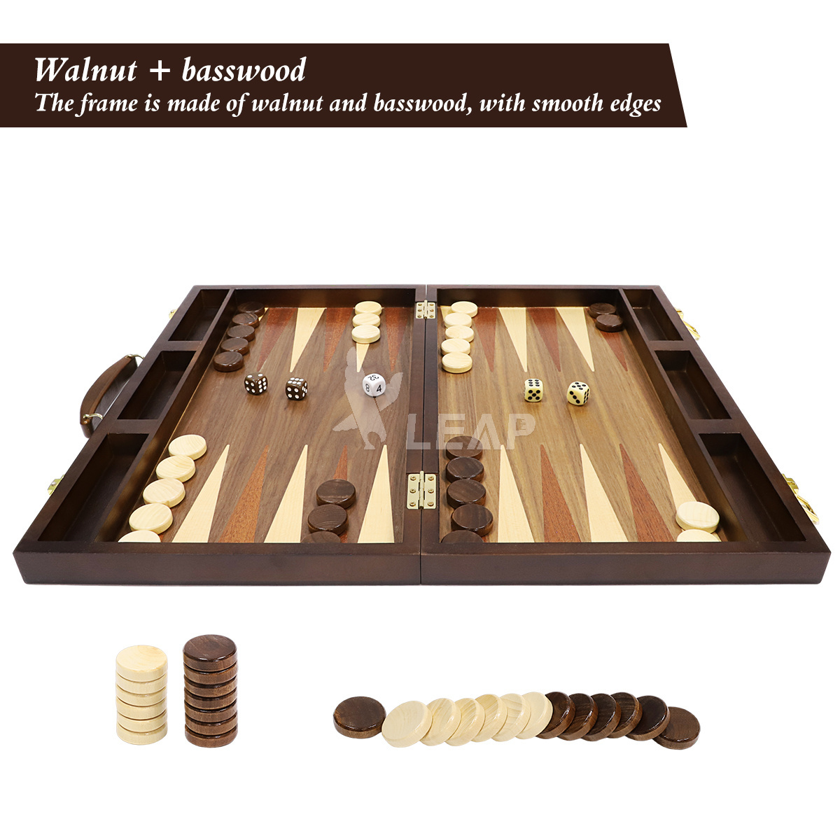 LEAP customization 43cm 17inch walnut basswood wooden Backgammon set 29*33*6.5cm wood backgammon board pieces