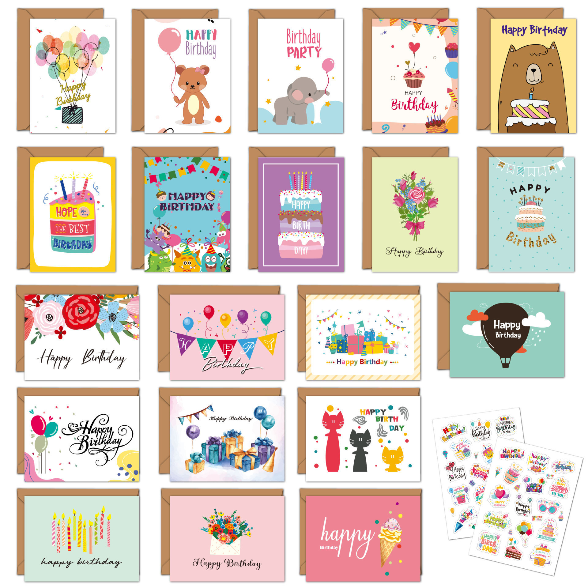 20 Unique Designs Kids Happy Birthday Cards Bulk Large Assorted Greeting Notes with Envelopes And Stickers