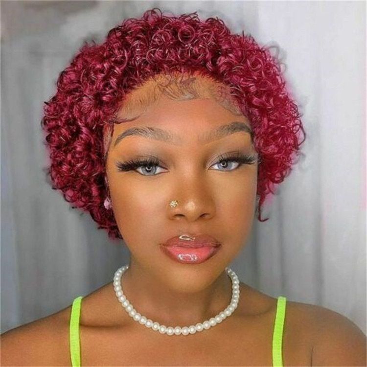 Wholesale 13x1 human hair pixie cut wigs 99j 1b/27 350 color wigs human hair Highlight colored pixie curl lace front wigs