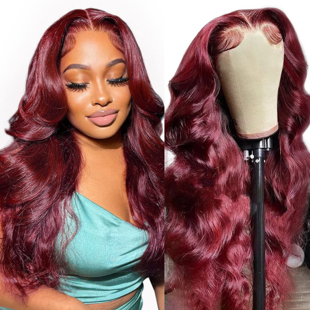 99J Burgundy Color Preplucked Human Hair Wigs Raw Unprocessed Silk Straight Glueless Wigs Lace Front Wig Human Hair