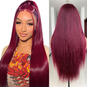 99J Burgundy Color Preplucked Human Hair Wigs Raw Unprocessed Silk Straight Glueless Wigs Lace Front Wig Human Hair