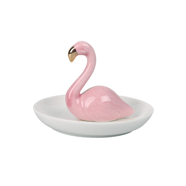 New Arrival Ceramic jewelry tray with gold pink flamingo design Trinket Plate Ring Holder For Best Friends  Girlfriend  Women