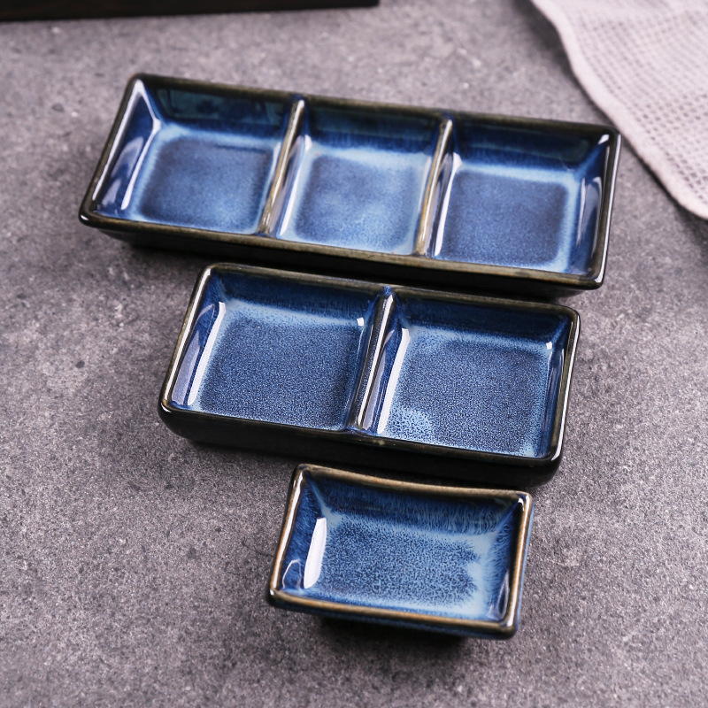 Japan Style hot sell Variable blue Three lattice Ceramic snack Plate square shape Sauce Dish relish plate for hotel restaurant