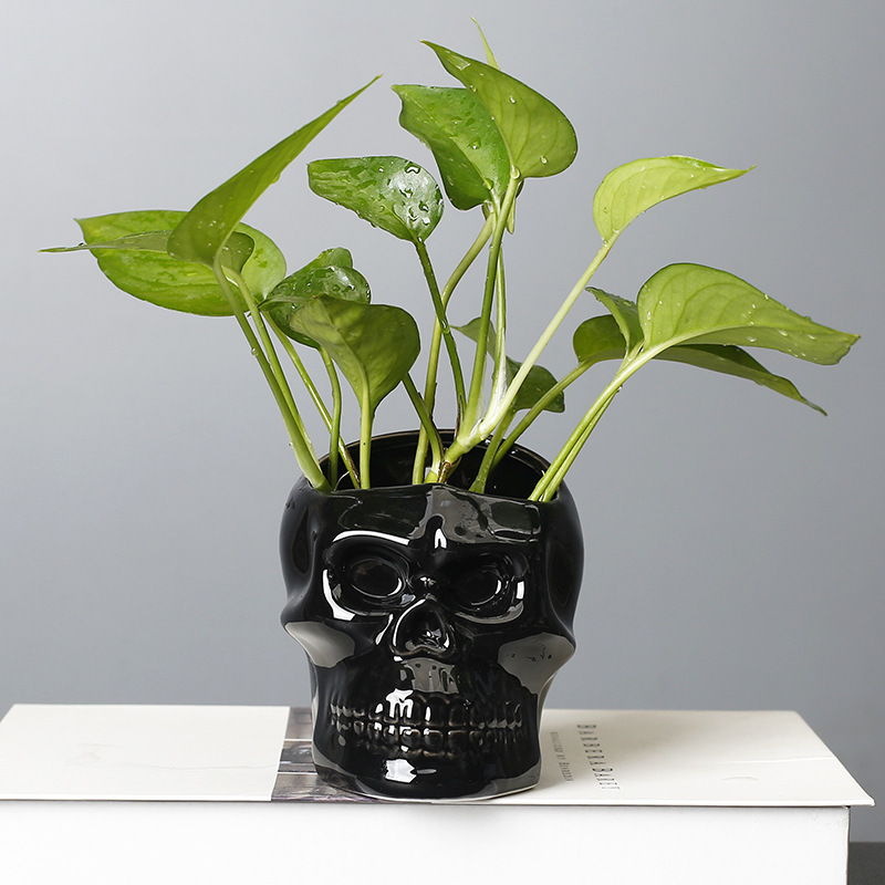 Simple Halloween skull gifts White Black Porcelain Skull Design Flowerpot Garden Creative Desktop Small Flowerpot