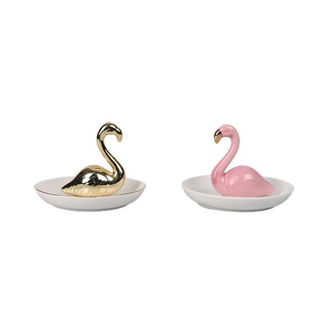 New Arrival Ceramic jewelry tray with gold pink flamingo design Trinket Plate Ring Holder For Best Friends  Girlfriend  Women