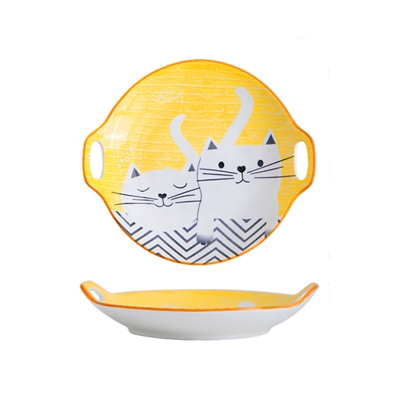 Cat Cartoon Yellow Ceramic Plates Bowl Tableware Breakfast Plate  Porcelain Dinner Set For Kid