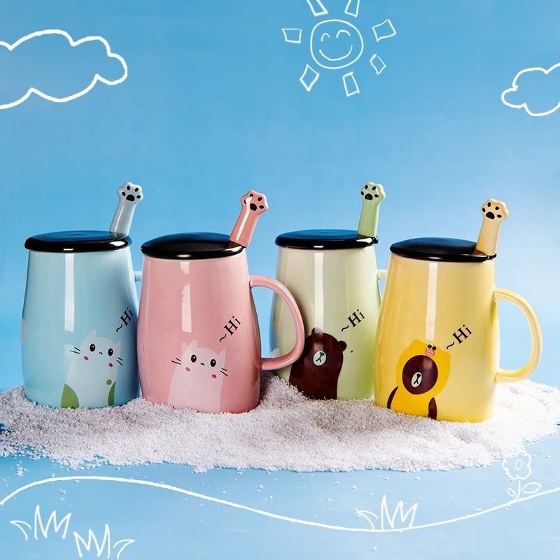 Cartoon Animal Pattern Ceramic Mugs Novelty Coffee Cup With Lid And Spoon Gift Idea For Kids Boyfriend Girlfriend Gift