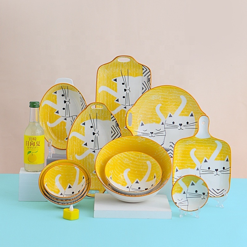 Cat Cartoon Yellow Ceramic Plates Bowl Tableware Breakfast Plate  Porcelain Dinner Set For Kid