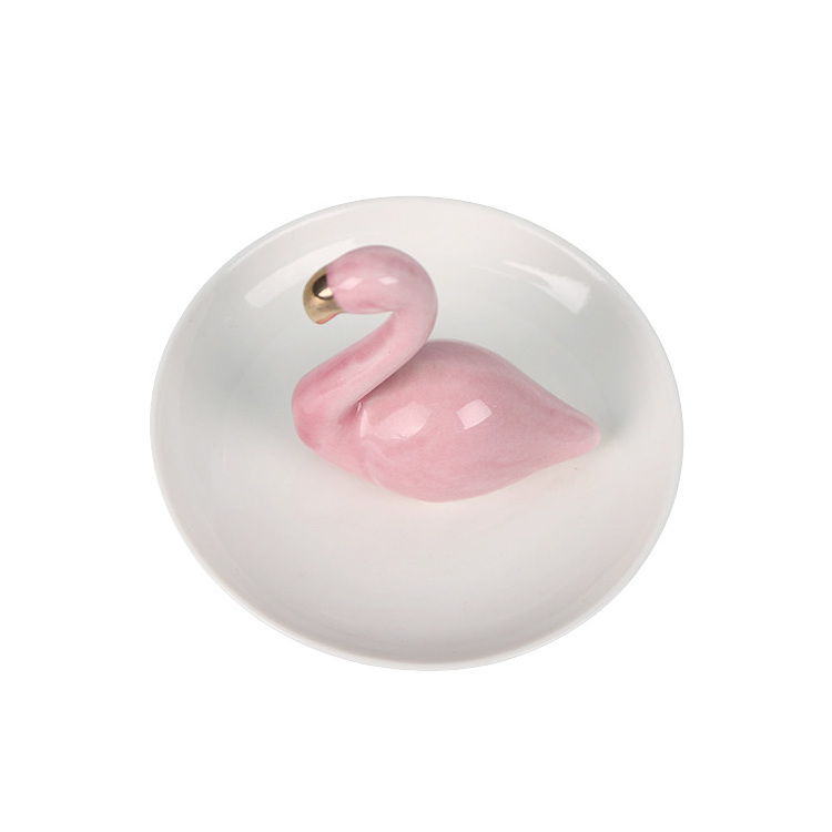 New Arrival Ceramic jewelry tray with gold pink flamingo design Trinket Plate Ring Holder For Best Friends  Girlfriend  Women