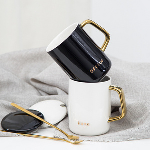 14 oz Tall  White Black Ceramic Coffee Mug With Golden Handle And Lid  For Home Office meeting Tea Cup