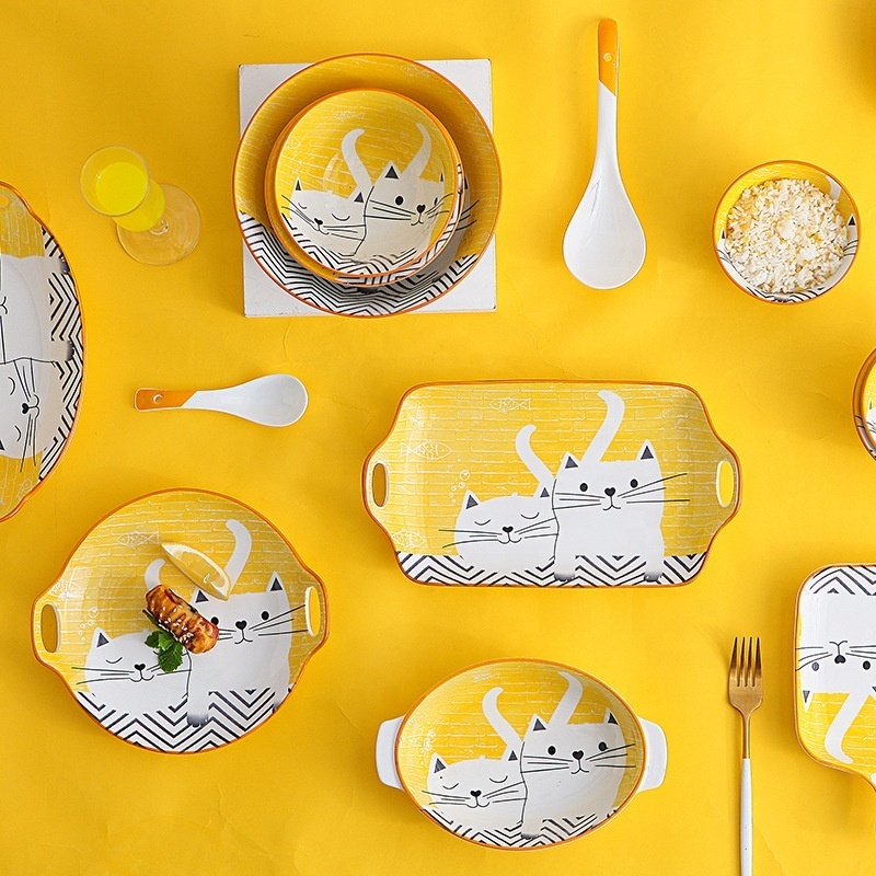 Cat Cartoon Yellow Ceramic Plates Bowl Tableware Breakfast Plate  Porcelain Dinner Set For Kid